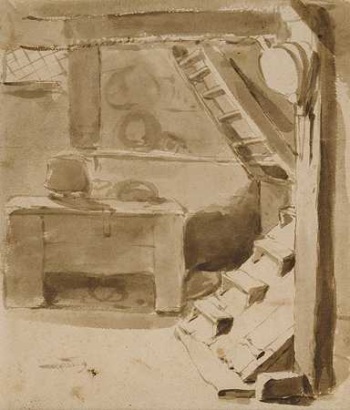 小屋的屋内`The Interior of a Cottage by Hubert Robert