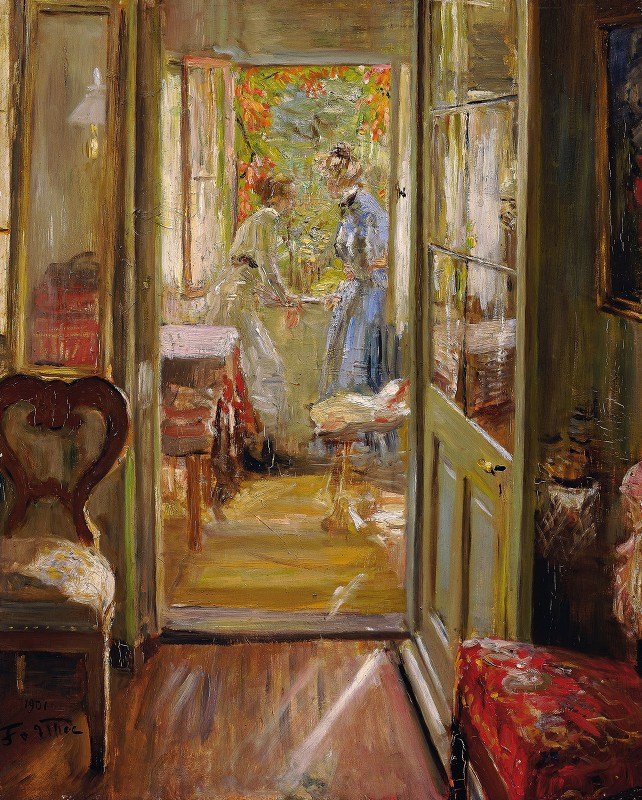 艺术家她女儿在阳台上`The artists daughters in the veranda (1901) by Fritz von Uhde
