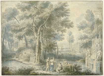 拱廊式景观，右侧有喷泉`Arcadisch landschap, met rechts een fontein (1743) by Louis Fabritius Dubourg