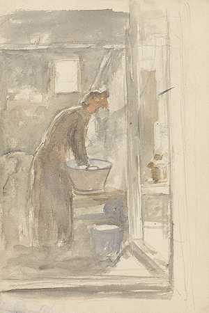 在洗脸盆里和女人在一起`Interieur met vrouw aan de wastobbe (1834 ~ 1911) by Jozef Israëls