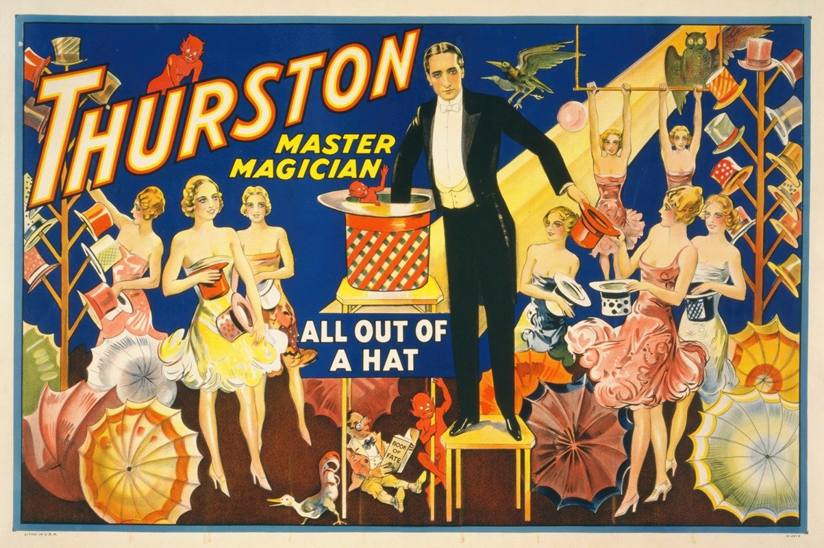 瑟斯顿，魔术师大师。`Thurston, master magician all out of a hat. (1910)