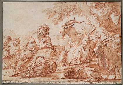 田园风光一个牧民和他的家人，带着山羊`Pastoral Scene; A Herdsman and His Family, with Goats (late 17th–early 18th century) by Philipp Peter Roos