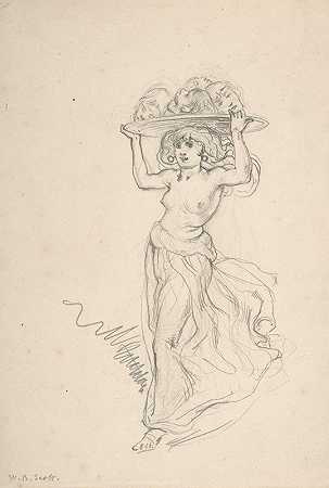 拿着四个头托盘的女孩`Girl Carrying a Tray with Four Heads (ca. 1876) by William Bell Scott