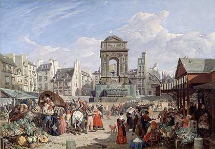 市场和无辜者的喷泉`Le Marché et la fontaine des Innocents (1822) by John James Chalon