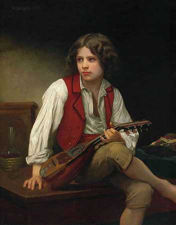 带曼陀林的意大利男孩`Italian Boy with Mandolin by William Bouguereau