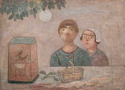 孩子们站在一个鸟笼前，鸟笼里有小鸟`Children in front of a cage with little birds (1922) by Tadeusz Makowski