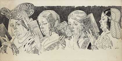 排队看小说的女人`Line up of Women Reading Novels (circa 1915) by Orson Lowell