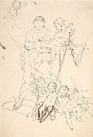 圣安东尼和基督之子被包围了`Saint Anthony and the Christ Child Surrounded by Cherubs (18th century) by Cherubs by Martin Johann Schmidt