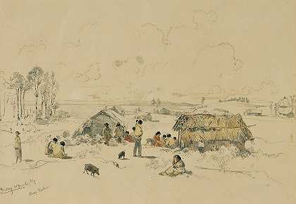 新西兰奥克兰Mangatawiri河上的毛利村`Maori~Dorf am Fluss Mangatawhiri, Auckland (Neuseeland) (1858) by Joseph Selleny