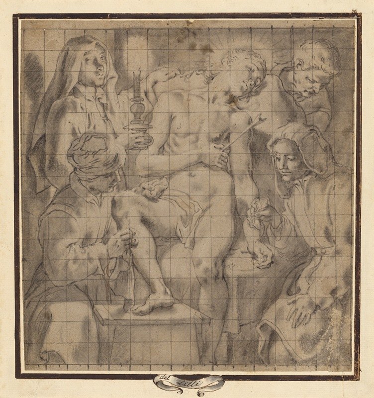 照顾受伤的圣塞巴斯蒂安的人`Figures Tending to the Wounded Saint Sebastian (1596) by Andrea Lilio