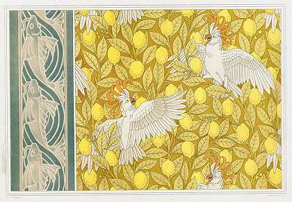 鱼，模具卷。花生和柠檬，克里顿。`Poissons, frise au pochoir. Cacatoës et citrons, cretonne. (1897) by Maurice Pillard Verneuil
