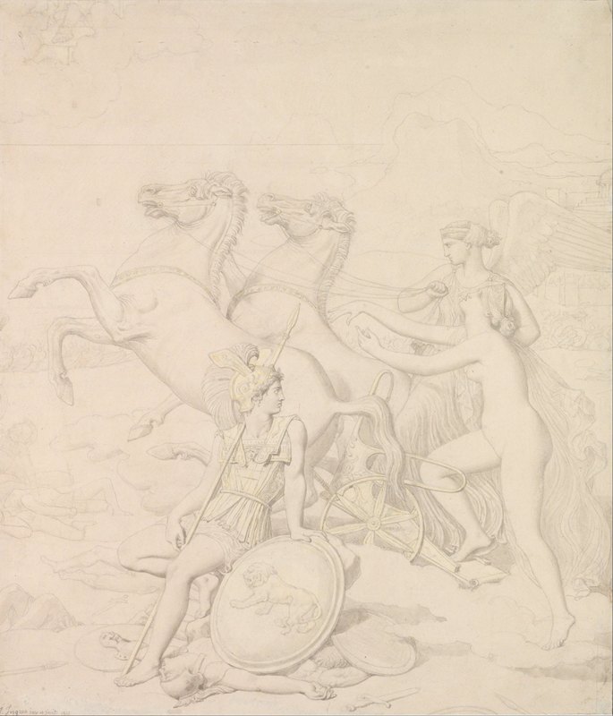 维纳斯受伤了`Venus Hurt by Diomedes (1844) by Diomedes by Jean Auguste Dominique Ingres