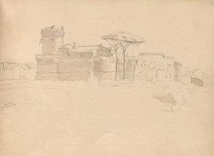 《罗马及周边景观集》，景观研究，第28a页：“罗马与周边景观”“奥斯蒂亚”`Album with Views of Rome and Surroundings, Landscape Studies, page 28a: “Ostia” by Franz Johann Heinrich Nadorp