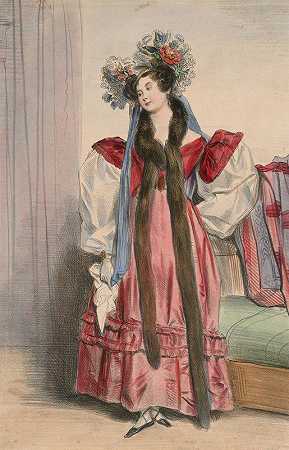 梅内西尔·诺迪尔夫人的肖像，从字母表变化，服装选择自然之后`Portrait of Mme. Menessier~Nodier, from Alphabet Varie, Choix de Costumes dapres nature (1831) by Achille Devéria