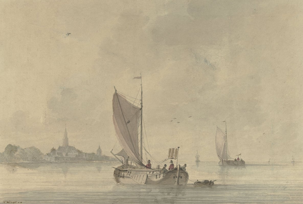 为荷兰小镇在水上航行的船只`Zeilende schuiten op het water voor een Hollands stadje (1758 ~ 1815) by Nicolaas Wicart