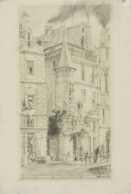 带塔楼的房子，巴黎提斯兰德里街`House with a Turret, rue de la Tixéranderie, Paris (1852) by Charles Meryon