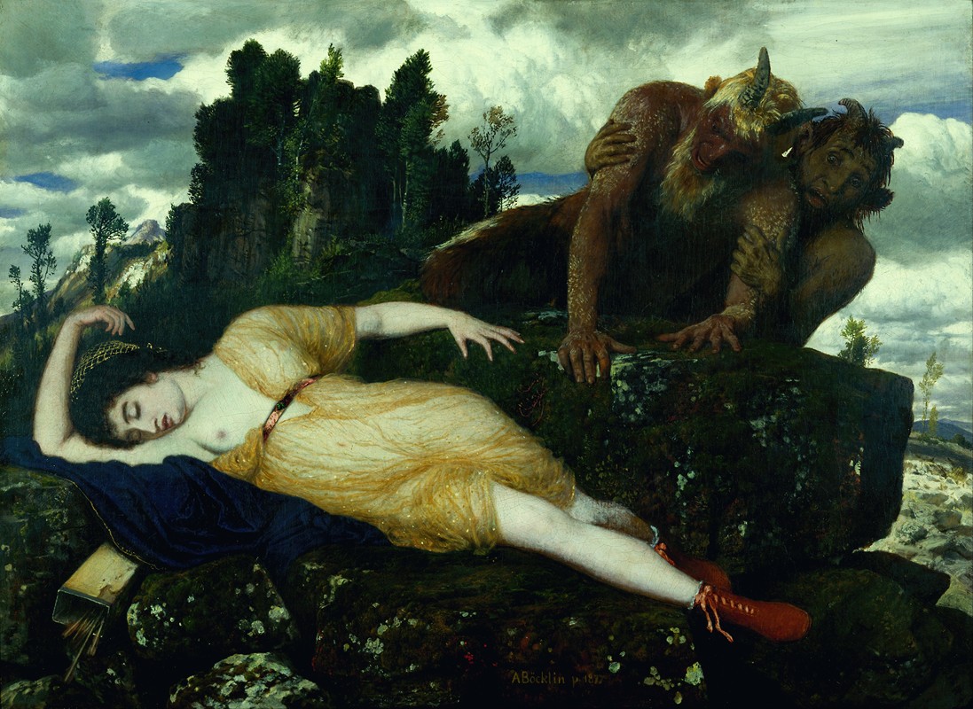 熟睡的戴安娜看着`Sleeping Diana Watched by Two Fauns (1877 1885) by Two Fauns by Arnold Böcklin