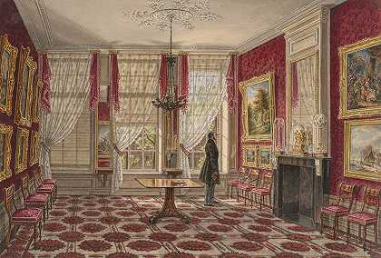 19世纪室内装饰有绘画和立像`19e eeuws interieur met schilderijen en staande figuur (1842 ~ 1848) by Augustus Wijnantz