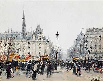 巴黎礼宾部前熙熙攘攘的人影`Figures bustling before the Conciergerie, Paris by Joaquin Miró