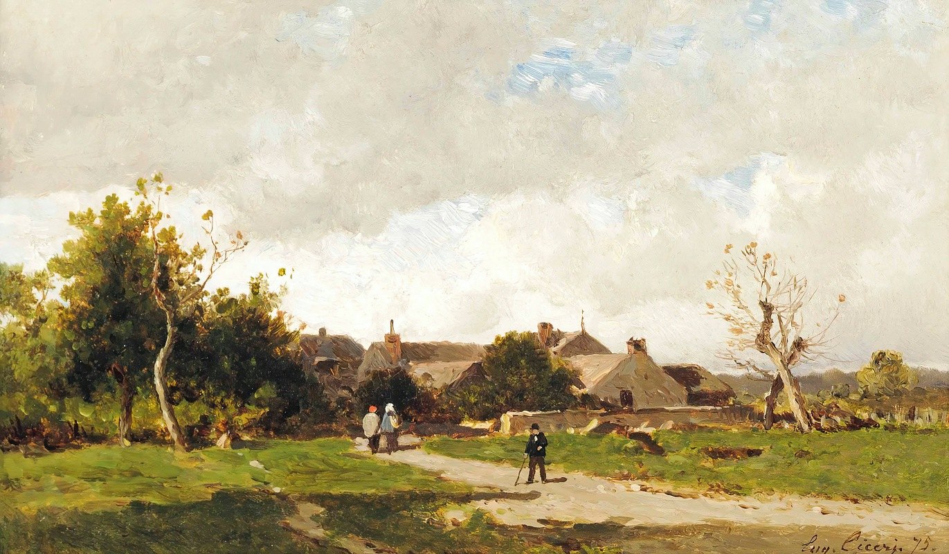 村庄郊区的人物`Figures On The Outskirts Of A Village (1875) by Eugène Ciceri