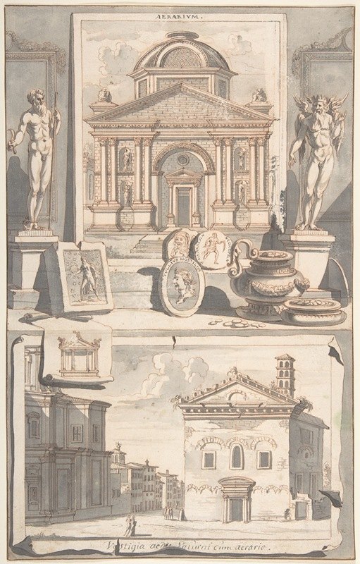空中花园的重建图（上图）和废墟景观（下图）`A Reconstruction of the Aerarium (above) and a View of the Ruins (below) (before 1704) by Jan Goeree
