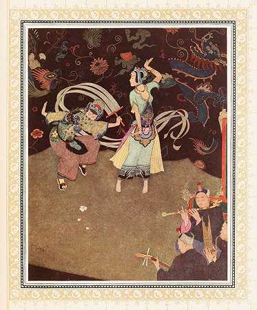 阿拉丁和贝德·布杜夫人的婚礼舞蹈`The Nuptial Dance of Aladdin and the Lady Bedr~el~Budur (1914) by Edmund Dulac