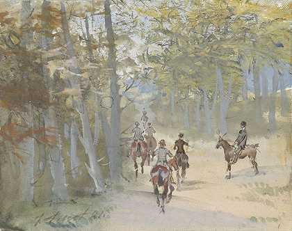 骑马的森林景观`Boslandschap met ruiters (1881) by Jules Baron Finot