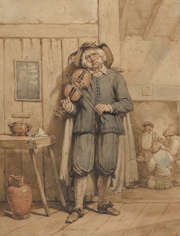酒馆里的小提琴手，背景是三个人`A Fiddler in a Tavern, with Three Men in the Background (mid~19th century) by Johannes Hendrik van West