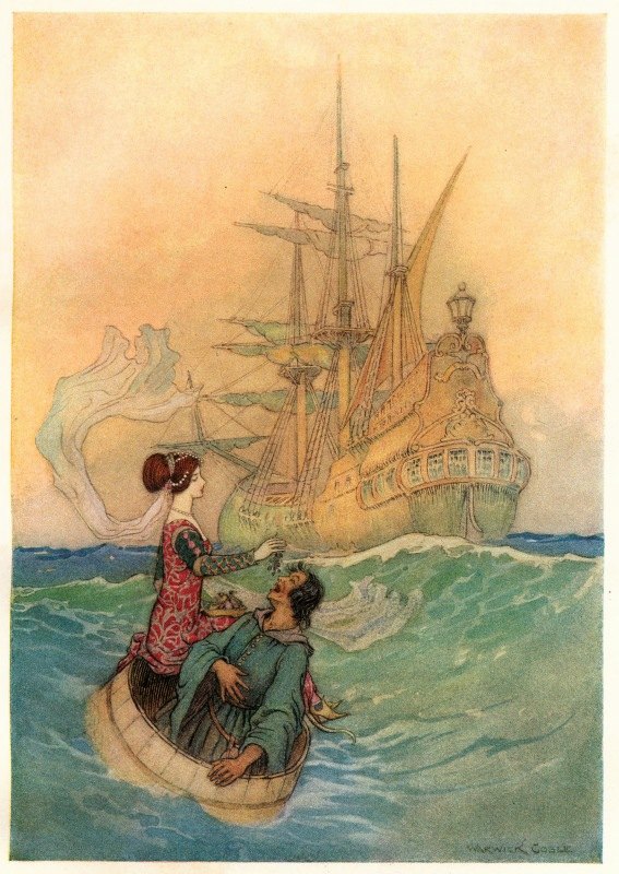 瓦斯托拉和佩鲁拉开始接近那艘船`Vastolla and Peruonto approaching the Ship (1911) by Warwick Goble
