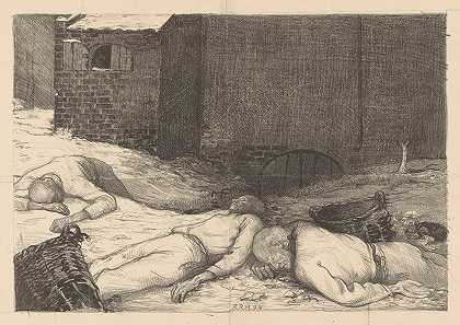 三个躺在大楼里的死人`Drie liggende, dode mannen bij een gebouw (1899) by Richard Nicolaüs Roland Holst