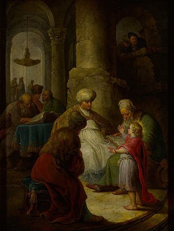 圣殿里的医生中有一位年轻的基督`Young Christ among the doctors in the temple by Christian Wilhelm Ernst Dietrich