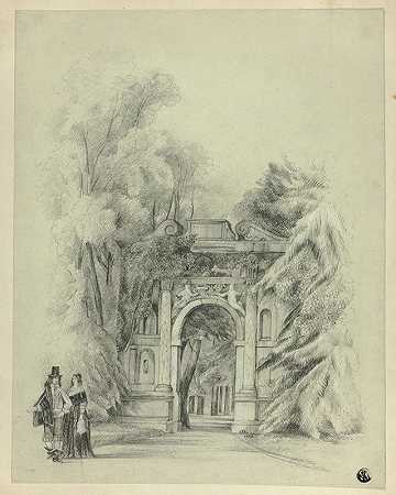 一对穿着17世纪服装的夫妇站在公园入口处`Couple in 17th Century Dress Standing Before Entrance to Park (1864) by Charles de Anson