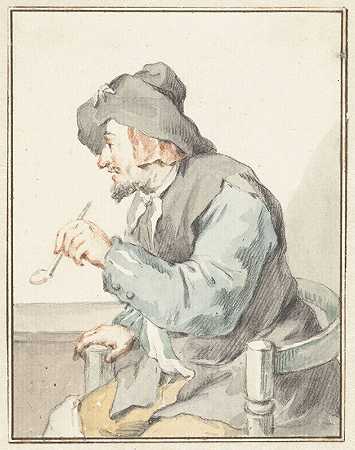 坐在扶手椅上的男，左边`Pijprokende man in een armstoel, naar links (1720 ~ 1792) by Aert Schouman