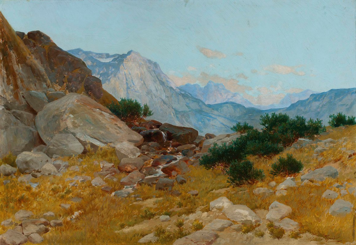 塔特拉山脉的风景`Landscape from the Tatra Mountains (1890s) by Tadeusz Popiel