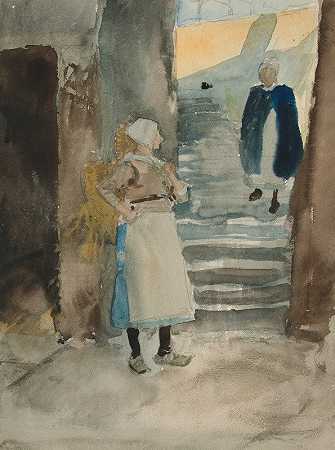 两个渔夫的街景`Street Scene with Two Fishwives by Edwin Austin Abbey