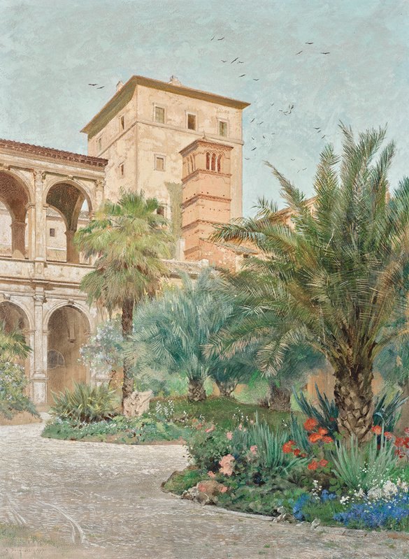 驻罗马大使馆的维杜特俯瞰拱门的花园`Vedute der Botschaft in Rom; Garten mit Blick auf Bogengänge (1900) by Othmar Brioschi