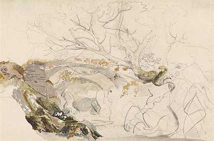 桥与树`Bridge and Trees (1810) by Cornelius Varley