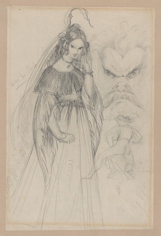 一个女人，一张男人脸，一个男人从后面过来`A Femme Fatale, Male Face and Man from Behind (1836–44) by Theodor Richard Edward von Holst