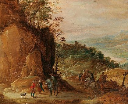 有骑兵的岩石景观`A rocky landscape with horsemen by Joos de Momper