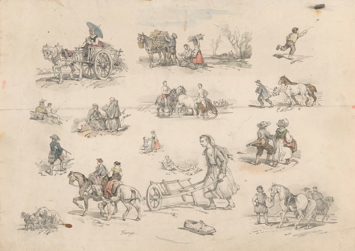 马匹和马车的形体研究`Figuurstudies met paarden en wagens (1832 ~ 1880) by Jan Weissenbruch