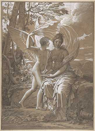 缪斯·埃拉托创作的诗句激发了灵感`The Muse Erato Writing Verses Inspired by Love (ca. 1797) by Love by Charles Meynier