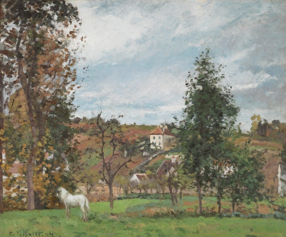 草地上的白马景观，赫尔米塔奇，庞托伊斯`Paysage Avec Cheval Blanc Dans Un Pré, Lhermitage, Pontoise (1872) by Camille Pissarro