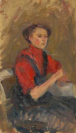 一位身穿红色毛衣的年轻女子的肖像`Portrait of a Young Woman in a Red Sweater (1900–1910) by Ľudovít Pitthordt