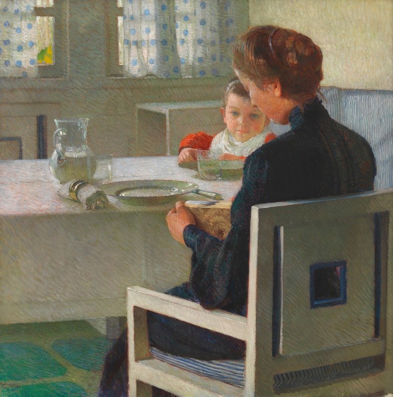母亲和孩子在餐桌旁（早餐时）`Mutter und Kind bei Tisch (Beim Frühstück) (1903) by Carl Moll