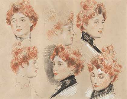对一位传统上被认为是格特鲁德·范德比尔特·惠特尼夫人的女士的头部进行了六项研究`Six Studies of the head of a Lady traditionally identified as Mrs. Gertrude Vanderbilt Whitney by Paul César Helleu