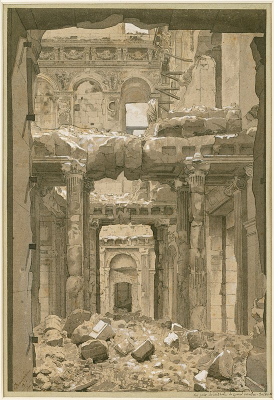 杜伊勒里遗址，从大楼梯前厅俯瞰。`Ruines des Tuileries, vue prise du vestibule du grand escalier. (1871) by Charles-Joseph Beauverie