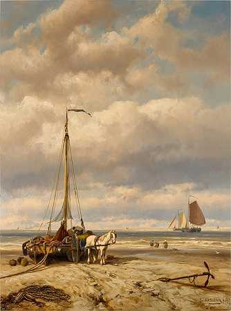 卸下捕获物`Unloading the Catch (1891) by Johannes Hermanus Barend Koekkoek