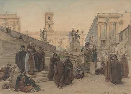 日落时分，从罗马阿拉科利教堂的楼梯上看到的坎皮多格利奥`The Campidoglio seen from the Staircase of the Church of the Aracoeli, Rome, at Sunset (1846) by Charles-François Houel