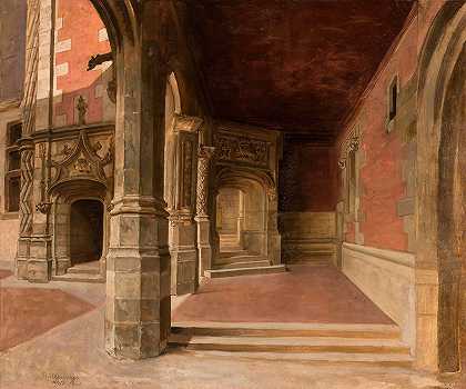 布卢瓦城堡修道院`Cloister At The Blois Castle (1883) by Stefan Bakałowicz