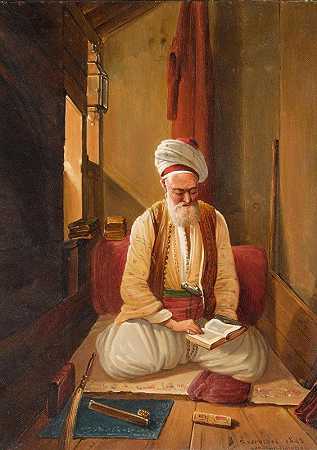 一位土耳其绅士在祈祷`An Interior With A Turkish Gentleman In Prayer (1843) by Frans Vervloet